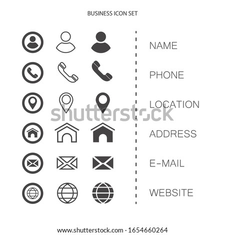 Business card, finance and communication icons. Contact information symbols.