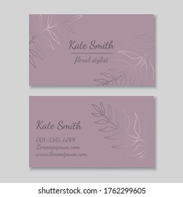 Business card with floral design. Vector template, scalable to standard 3.5x2 inch size. Pink palette
