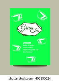 Business card, flyer or brochure with green tea concept design.Healthy lifestyle. Sketch tea cup and watercolor splashes.