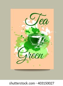 Business card, flyer or brochure with green tea concept design.Healthy lifestyle. Sketch tea cup and watercolor splashes.