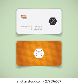 Business card, front and back. White front, light orange pattern on the back
