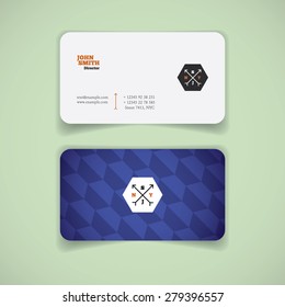 Business card, front and back. White front, Violet pattern on the back