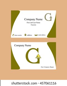 Business card with G letter logo holding an oil drop