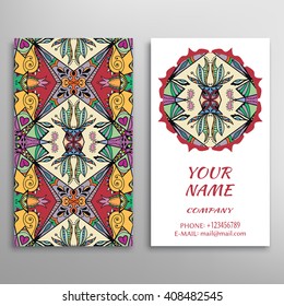 Business Card with geometric floral pattern and mandala round ornament. Vintage decorative elements, logo, icon label design. Abstract graphic illustration, tribal ethnic arabic indian motif