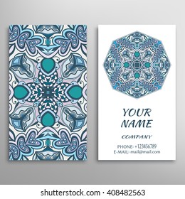 Business Card with geometric floral pattern and mandala round ornament. Vintage decorative elements, logo, icon label design. Abstract graphic illustration, tribal ethnic arabic indian motif