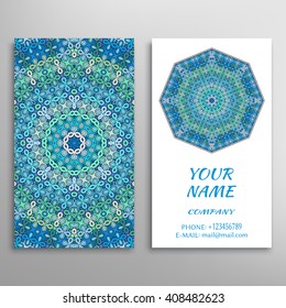 Business Card with geometric floral pattern and mandala round ornament. Vintage decorative elements, logo, icon label design. Abstract graphic illustration, tribal ethnic arabic indian motif