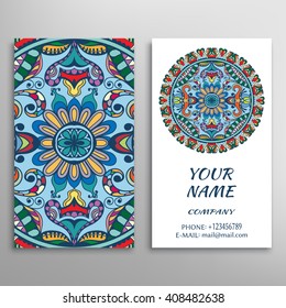 Business Card with geometric floral pattern and mandala round ornament. Vintage decorative elements, logo, icon label design. Abstract graphic illustration, tribal ethnic arabic indian motif