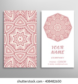 Business Card with geometric floral pattern and mandala round ornament. Vintage decorative elements, logo, icon label design. Abstract graphic illustration, tribal ethnic arabic indian motif
