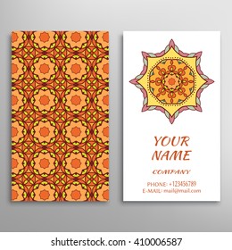 Business Card with geometric floral pattern and mandala round ornament. Vintage decorative elements, logo, icon label design. Abstract graphic illustration, tribal ethnic arabic indian motif