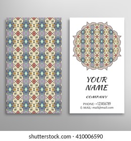 Business Card with geometric floral pattern and mandala round ornament. Vintage decorative elements, logo, icon label design. Abstract graphic illustration, tribal ethnic arabic indian motif