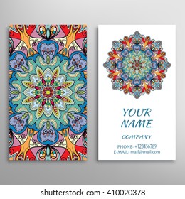 Business Card with geometric floral pattern and mandala round ornament. Vintage decorative elements, logo, icon label design. Abstract graphic illustration, tribal ethnic arabic indian motif