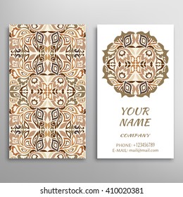 Business Card with geometric floral pattern and mandala round ornament. Vintage decorative elements, logo, icon label design. Abstract graphic illustration, tribal ethnic arabic indian motif