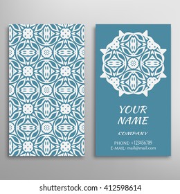 Business Card with geometric floral pattern and mandala round ornament. Vintage decorative elements, logo, icon label design. Abstract graphic illustration, tribal ethnic arabic indian motif