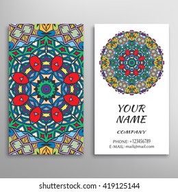 Business Card with geometric floral pattern and mandala round ornament. Vintage decorative elements, logo, icon label design. Abstract graphic illustration, tribal ethnic arabic indian motif
