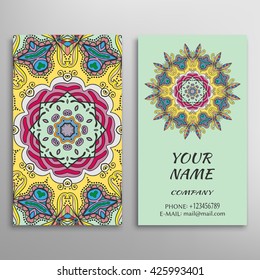 Business Card with geometric floral pattern and mandala round ornament. Vintage decorative elements, logo, icon label design. Abstract graphic illustration, tribal ethnic arabic indian motif