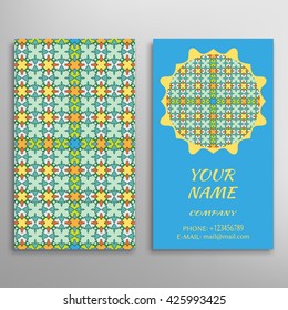 Business Card with geometric floral pattern and mandala round ornament. Vintage decorative elements, logo, icon label design. Abstract graphic illustration, tribal ethnic arabic indian motif