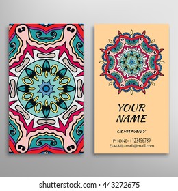 Business Card with geometric floral pattern and mandala round ornament. Vintage decorative elements, logo, icon label design. Abstract graphic illustration, tribal ethnic arabic indian motif