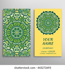 Business Card with geometric floral pattern and mandala round ornament. Vintage decorative elements, logo, icon label design. Abstract graphic illustration, tribal ethnic arabic indian motif