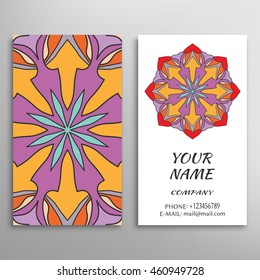 Business Card with geometric floral pattern and mandala round ornament. Vintage decorative elements, logo, icon label design. Abstract graphic illustration, tribal ethnic arabic indian motif