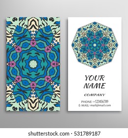 Business Card with geometric floral pattern and mandala round ornament. Vintage decorative element for logo, icon, label, emblem design. Abstract geometric pattern, tribal ethnic arabic indian motif