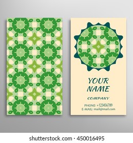 Business Card with geometric pattern and mandala round ornament. Vintage decorative elements, logo, icon label design. Abstract graphic illustration, tribal ethnic arabic indian motif