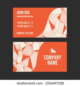 Business card with a geometric simple pattern of lines and triangles in red and beige. Company identity, design option. Linear vector drawing