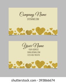 Business card with golden foil heart shapes on light yellow  background. Double-sided vector template.