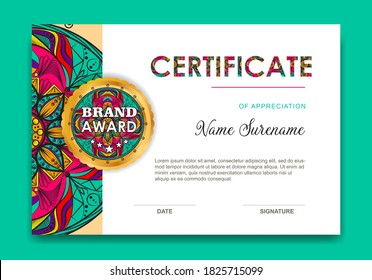 Business card and golden mandala design. Ornamental mandala background full color . Certificate template design. Diploma of modern design or gift certificate.