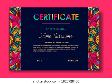 Business card and golden mandala design. Ornamental mandala background full color . Certificate template design. Diploma of modern design or gift certificate.