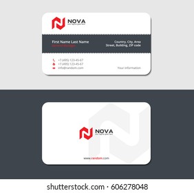 business card with gray jagged ribbon, and red symbol as letter N