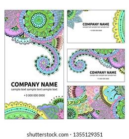 Business card with hand draw arabic, oriental, indian motiv. Traditional ornament, paisley