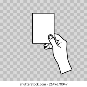 Business card in hand. Hand hold card isolated on transparent background. Outline paper blank card. White arm holding plastic credit card. Give and take. Icons for showing, presentation. Vector.