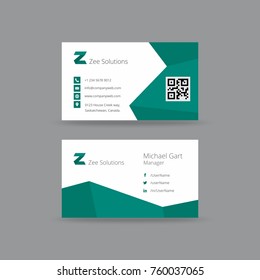 Business card having zigzag borders in dark teal and white colors and black typography