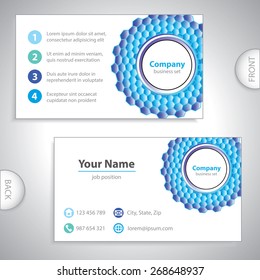 business card - hexagonal grid - Medical circle element - Science and Research - cells and molecules - chemical formulas - stock vector - blue version