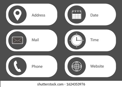 Business card icon. Address. Mail. Phone. Date. Time. Website. Vector illustration.