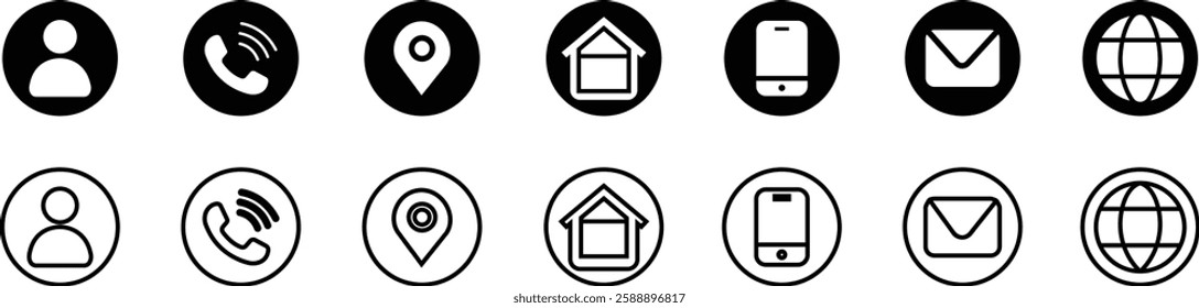 Business card icon in flat line set. contact information Vector For Mobile apps and Web. Contains such icons as Smartphone, Email, Location Globe, place, profile isolated on transparent background