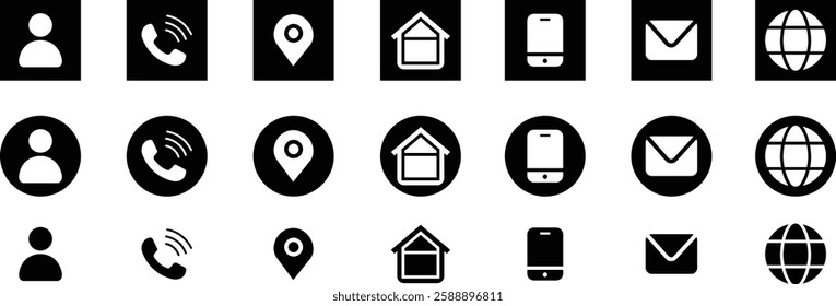 Business card icon in flat set. contact information Vector For Mobile apps and Web. Contains such icons as Smartphone, Email, Location Globe, place, profile isolated on transparent background