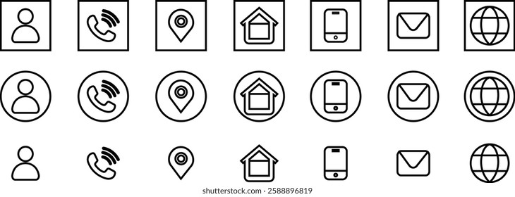 Business card icon in line set. contact information Vector For Mobile apps and Web. Contains such icons as Smartphone, Email, Location Globe, place, profile isolated on transparent background