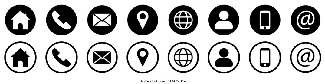Business card icon set. Contact information symbols. Flat and line art style. Vector illustration