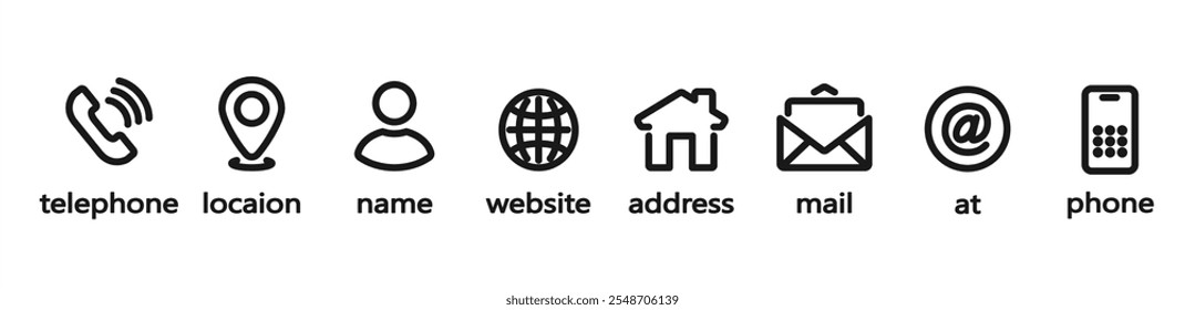 Conjunto de ícones de cartão de visita. Contacte-nos, Contendo Telefone, Localização, Usuário, Site, Correio, Endereço, telefone, fax. Ilustração vetorial para rede profissional e troca de informações de contato. 