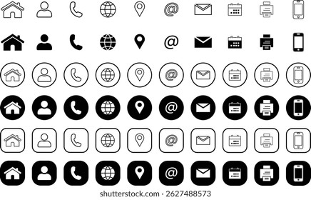 Business card icon set. Contact Us icon set. web icon set. Editable stroke sign pack. Contains icons - name, phone, location, website, address, mail, email, office, mobile, and chat symbol.
