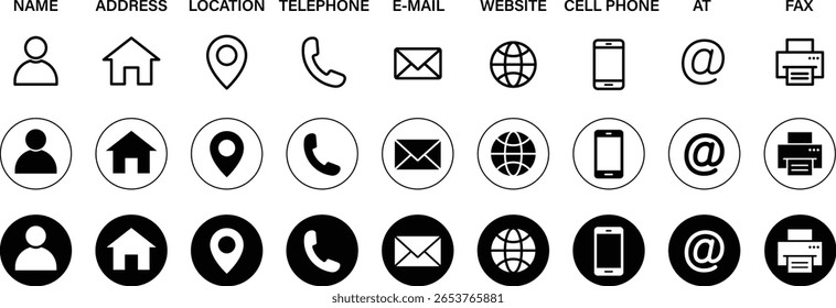 Business card icon set. Containing contact information, name, address, map pin, globe, e-mail, location, website, fax, phone call at symbol. Silhouette and outline circle style. Vector illustration.