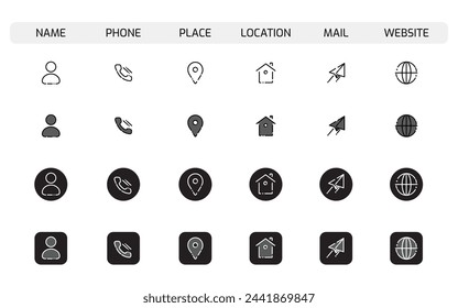 Business Card Icon Set, Editable Stroke. Name, Phone, Place, Location, Mail, Website.
