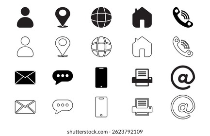 Conjunto de iconos de tarjeta de visita. Peso de trazo editable. Píxel perfecto. Perfiles de usuario, pines de Locación, teléfonos, correos electrónicos, mensajes y símbolos de redes sociales en estilos versátiles de relleno y contorno