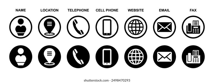 Business card icon set featuring name, location, telephone, cell phone, website, email, fax at symbol, and cell phone. Vector illustration symbol for professional networking and contact information