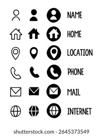 Business Card Icon Set. Handdrawn Doodle Name Location Place Phone Mail Website Round icon bundle