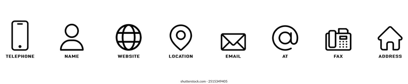 Business card icon set in line style. Contact information, Home, Phone, Location, Address, Website, mail, fax, user simple black style symbol sign for apps and website. EPS 10