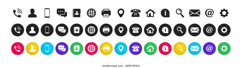 Business card icon set. Name, mobile, location, place, phone, email, fax, web, contact us, information, communication. Contact us, Simple flat vector icons of differents styles. Information sign