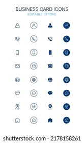 business card icon set: name, phone, mobile, email, website, chat, location, address. editable stroke vector illustration