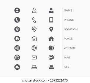 Business Card Icon Set. Vector minimal symbols with sign of name, phone, location, website, fax